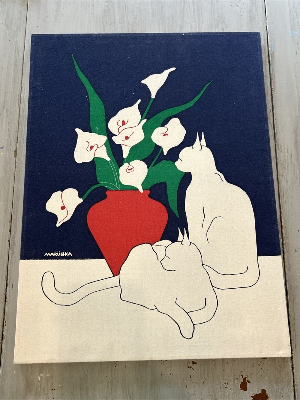 Vtg Marushka Cat Calla Lilies Canvas Screen Print Blue Red White 1970s 24”x18”